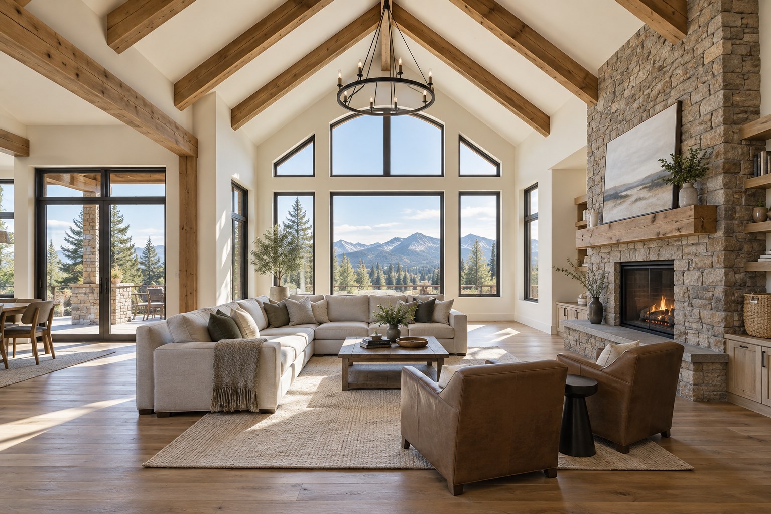 Renovated living room with exposed wood beams